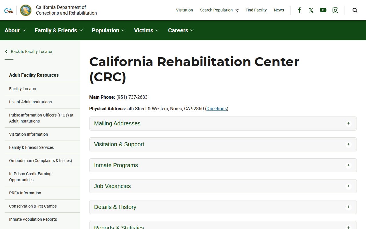 California Rehabilitation Center Riverside County release lookup CDCR facility page