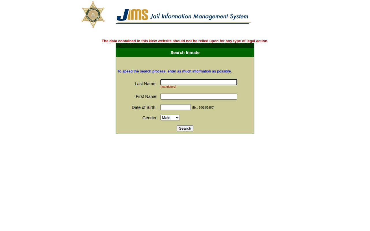 Riverside County 24 hour release JIMS inmate information search form