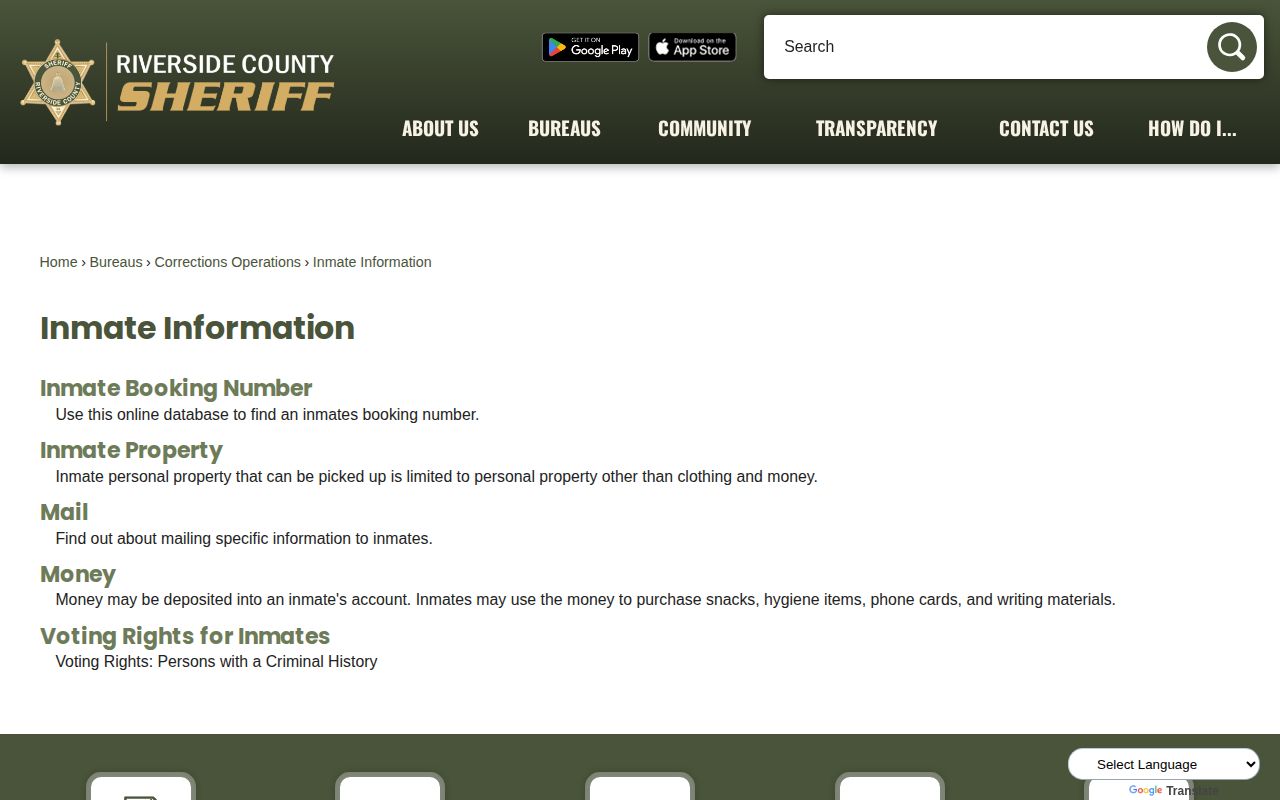 Riverside County released inmates Sheriff inmate information entry point