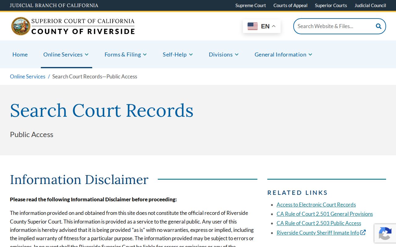 Riverside County released inmates Superior Court public access release record