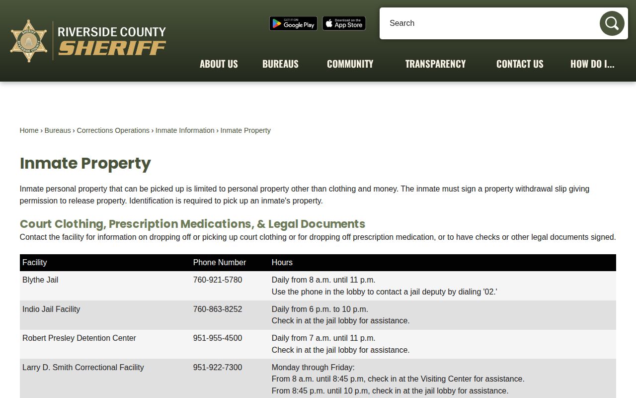 Riverside County released inmates property pickup and release logistics