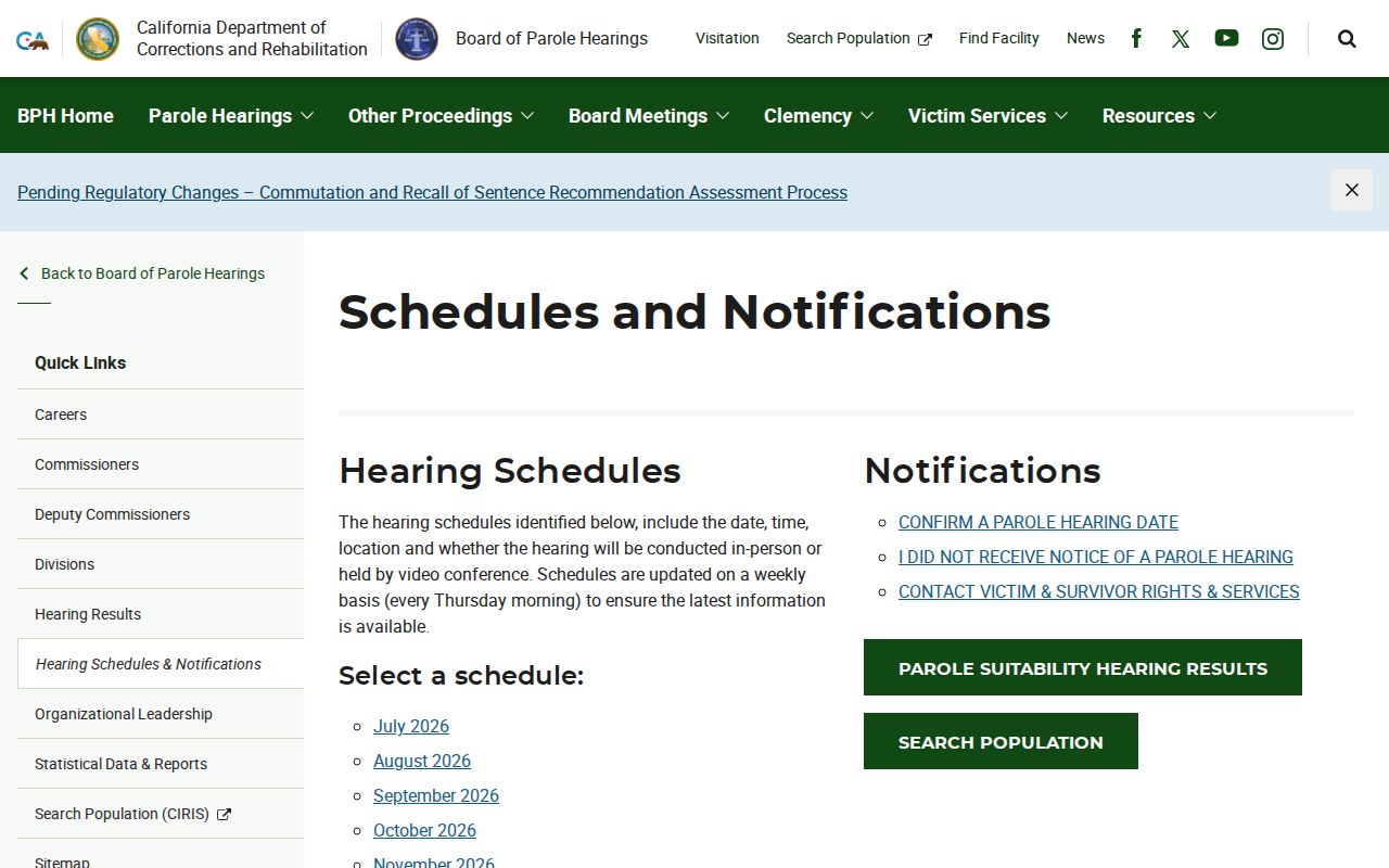Riverside County parole and probation Board of Parole Hearings schedule context
